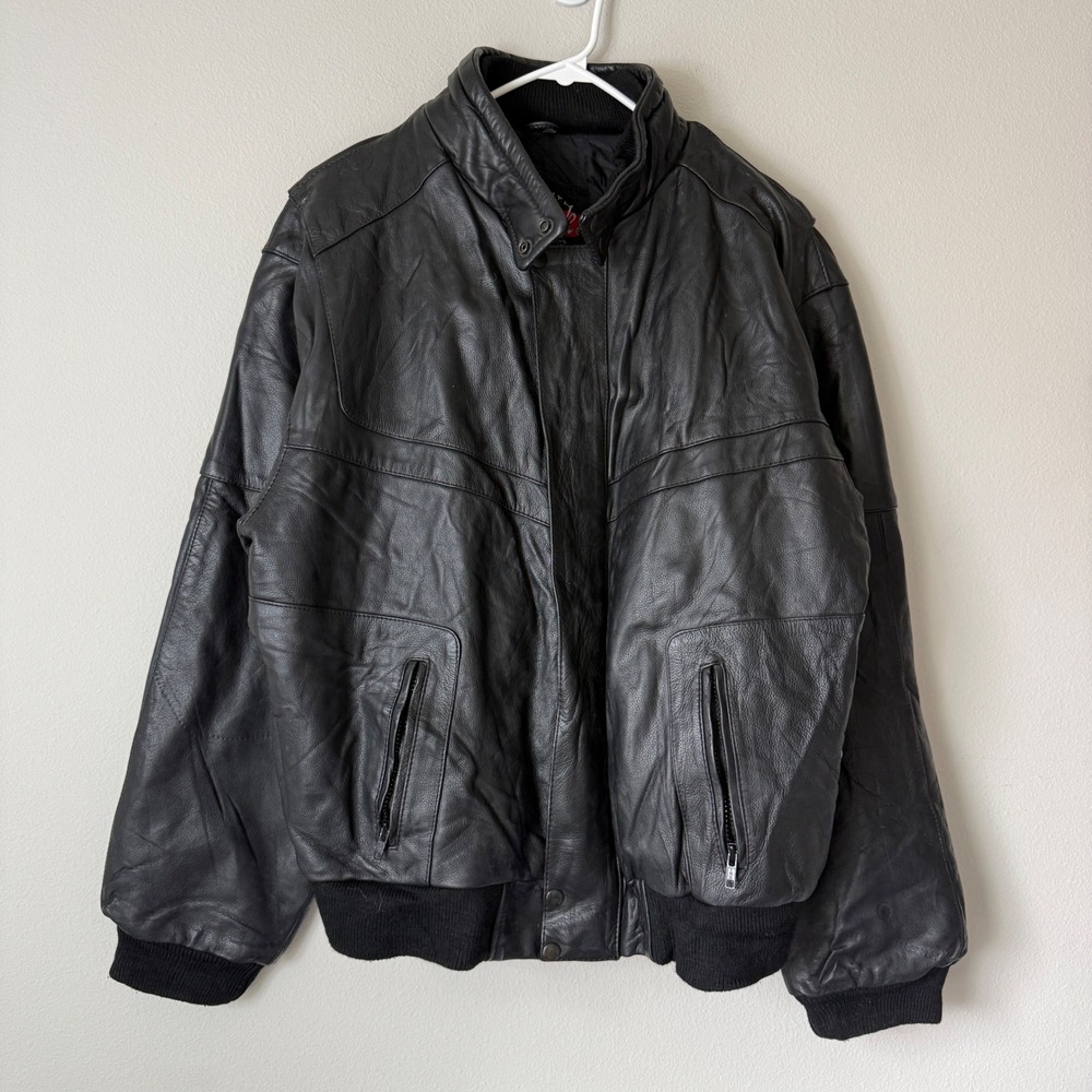 Duratrak Black Leather Bomber Jacket Mens Large Insulated Full Zip Coat VTG